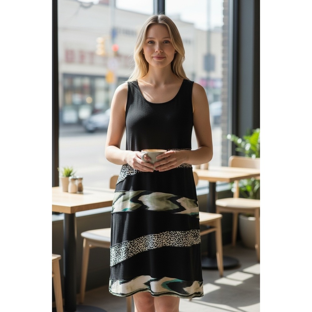 Dressbarn Women's Mixed Print Sleeveless Sheath Dress Size 10 Leopard Abstract